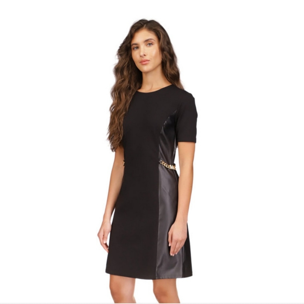MICHAEL Michael Kors Women's Faux-Leather Mixed-Media Chain Dress LG Petite